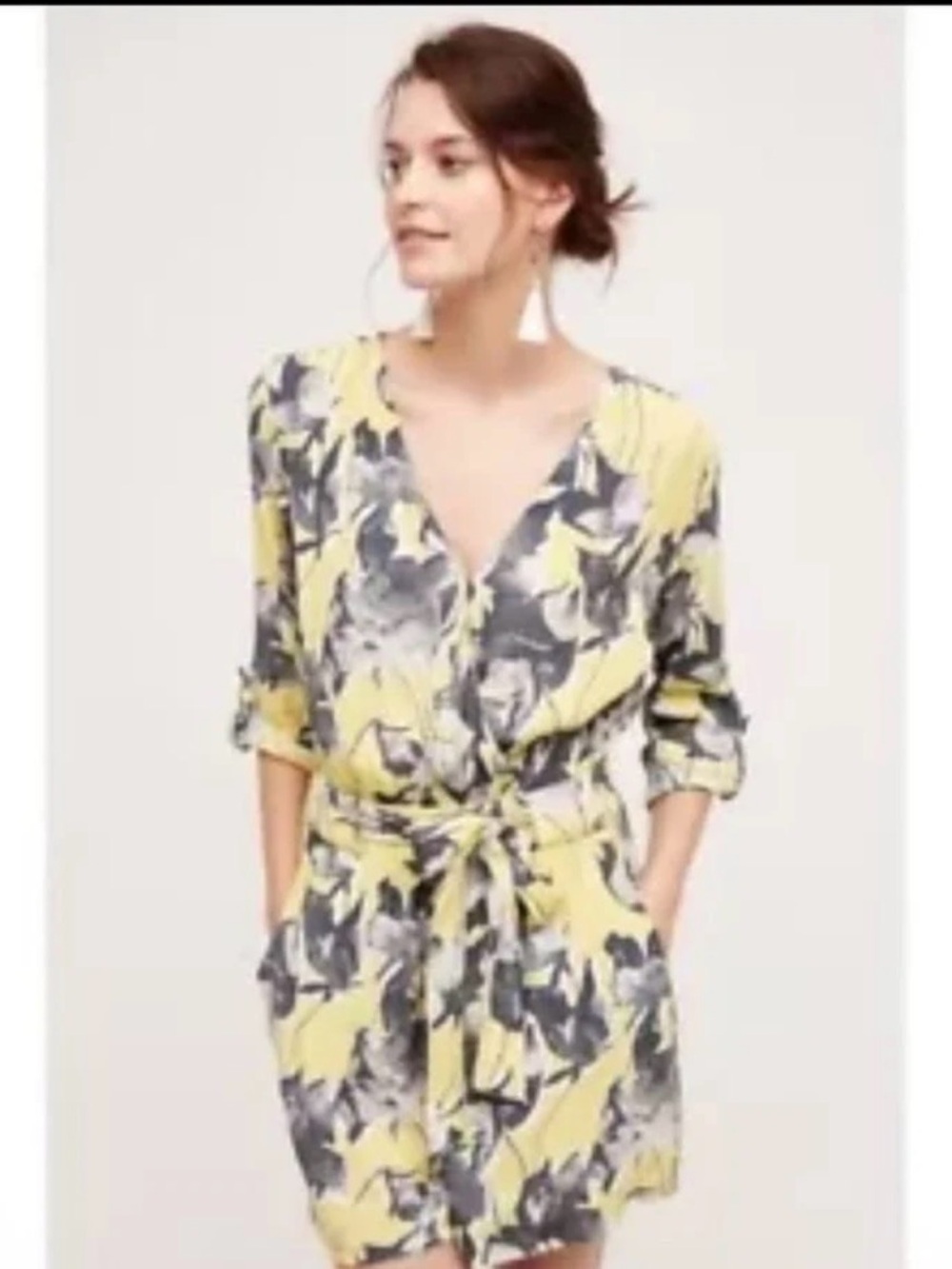 Anthropologie Elevenses Yellow Floral Somerset Romper Belted Medium Pockets